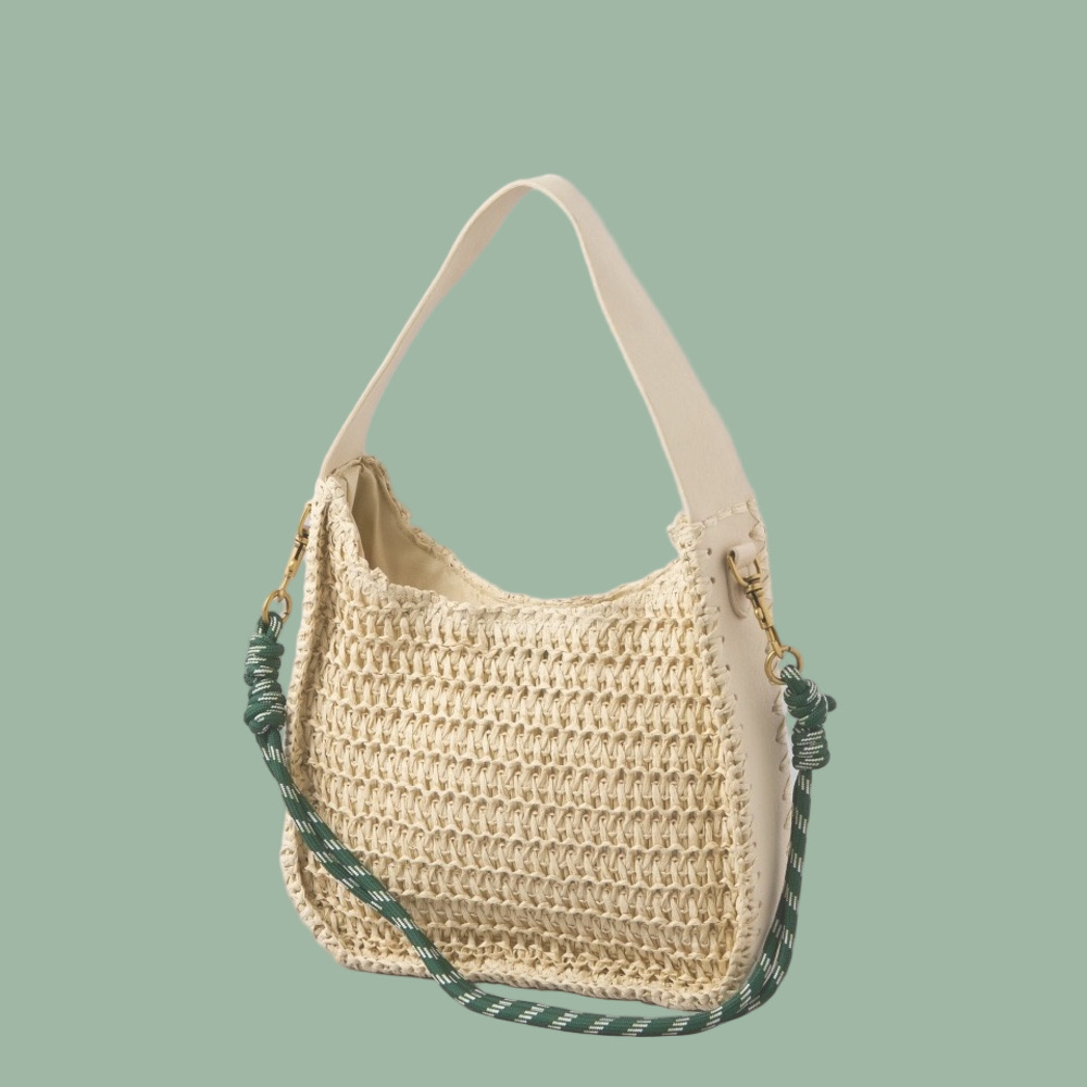 Cream Woven Hand + Shoulder Bag with Cream or Green Adjustable Strap NEW! - Picture 2 of 14